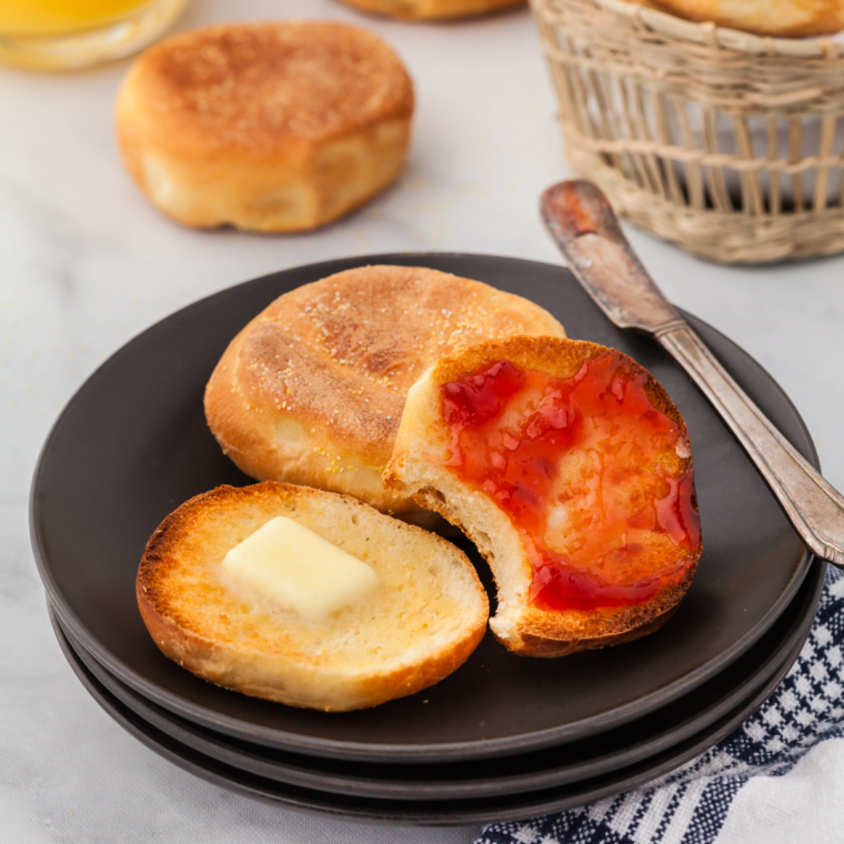 Golden, crispy air fryer English muffins, fork split and toasted to perfection.