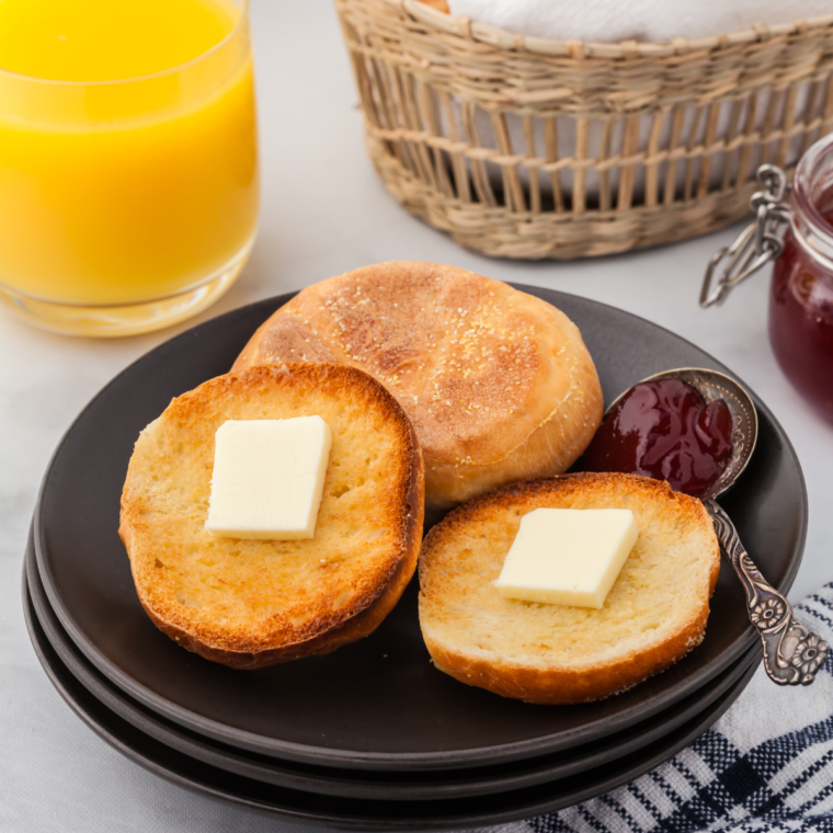 Air fryer English muffins toasted to a golden, crispy perfection, ready for breakfast or a snack.