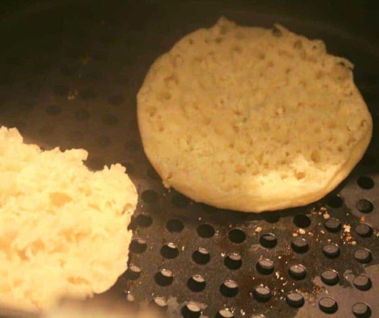 closeup: english muffins in air fryer basket