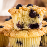 Blueberry streusel muffins in an air fryer basket
