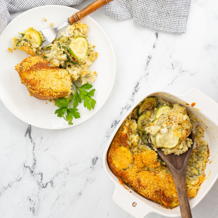 Air Fryer Zucchini Casserole with a golden, cheesy topping served in a dish.