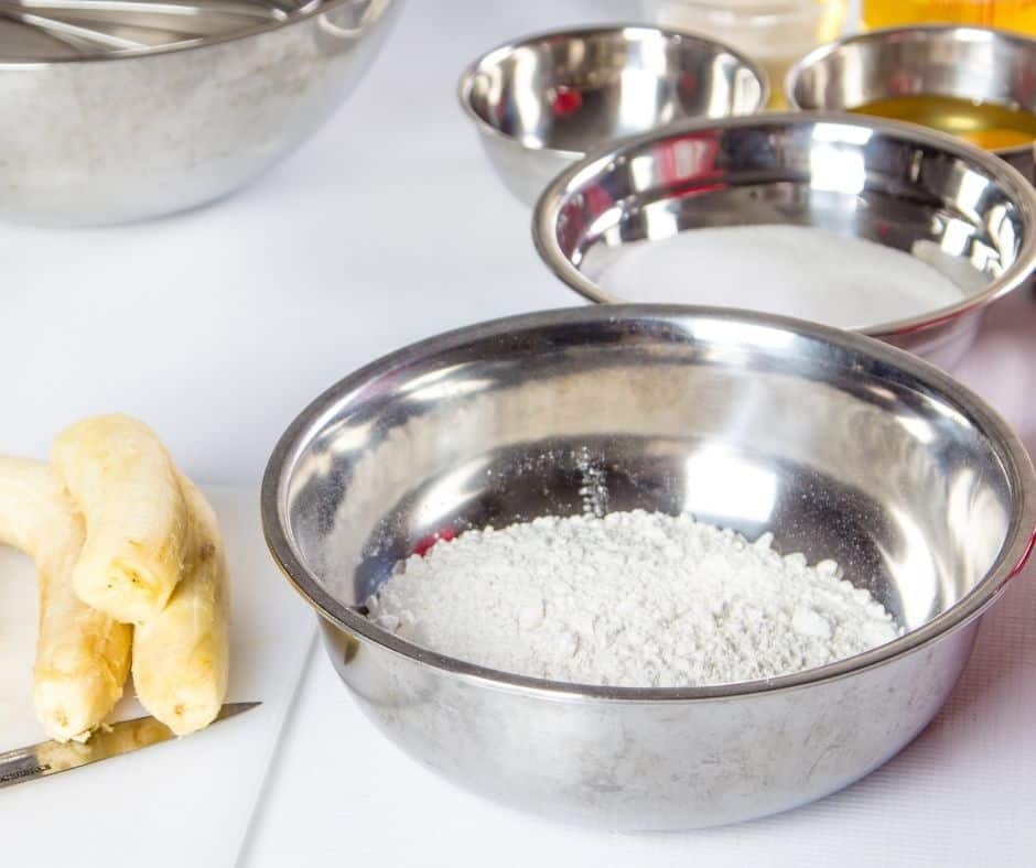 Air Fryer Banana Muffins Mix Flour in Bowl