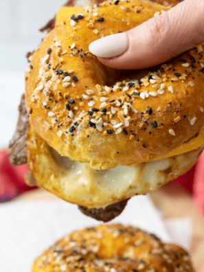 Air Fryer Homemade Bagel Breakfast Sandwiches (Egg, Sausage & Cheese)