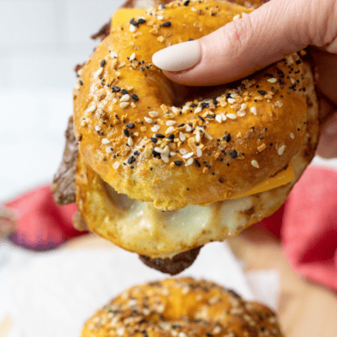 Air Fryer Homemade Bagel Breakfast Sandwiches (Egg, Sausage & Cheese)