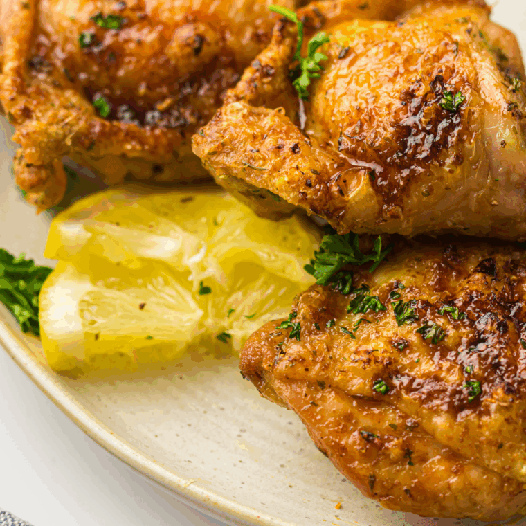 Juicy air fryer lemon garlic chicken thighs cooked until golden with fresh lemon slices and herbs.