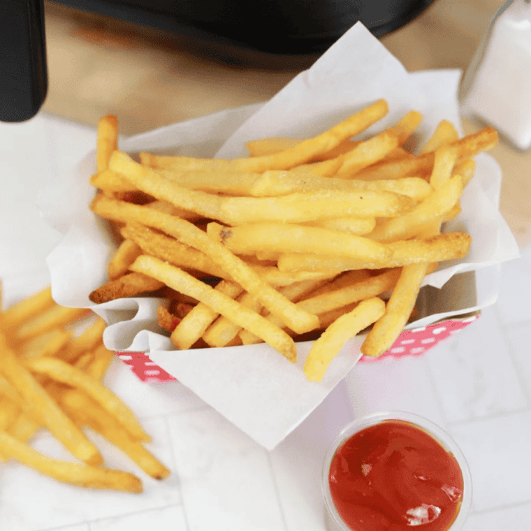 Frozen fries tossed in olive oil and seasonings before air frying.
