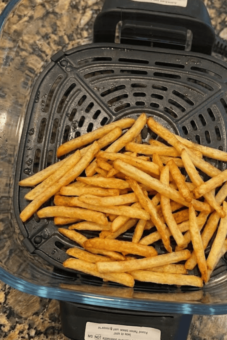 Fries arranged in a single layer inside the Ninja Crispi basket, ready to air fry at 425&deg;F.