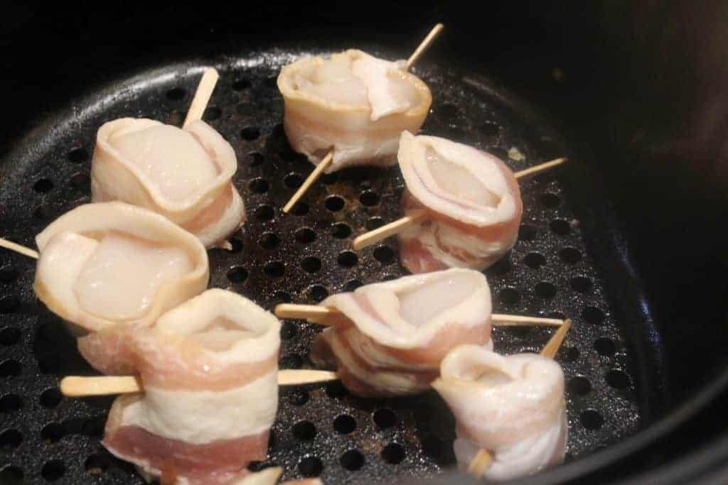 Air Fryer Bacon Wrapped Scallops In Air Fryer Basket