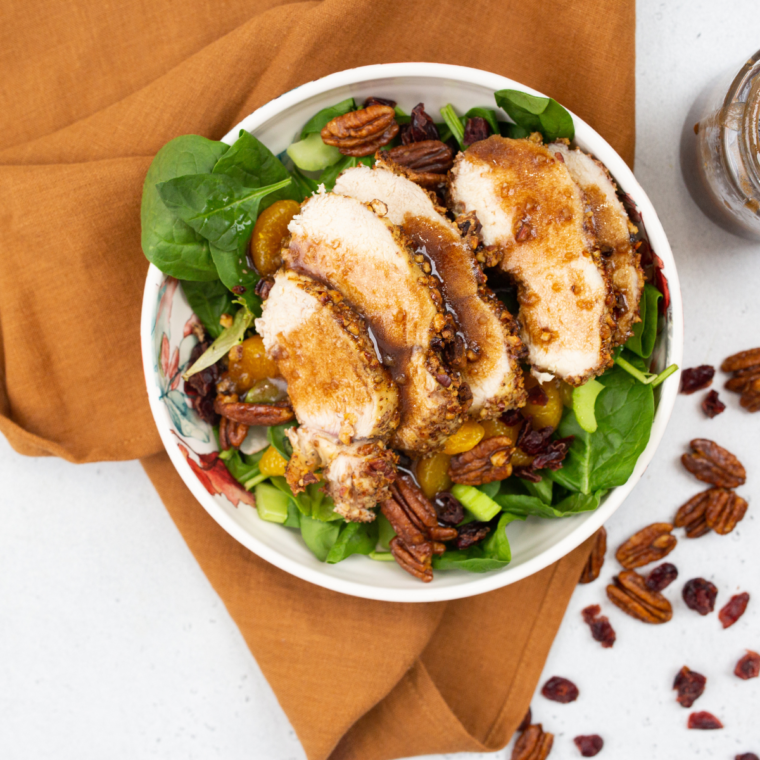 Fresh and colorful Wendy’s Apple Chicken Salad with pomegranate vinaigrette