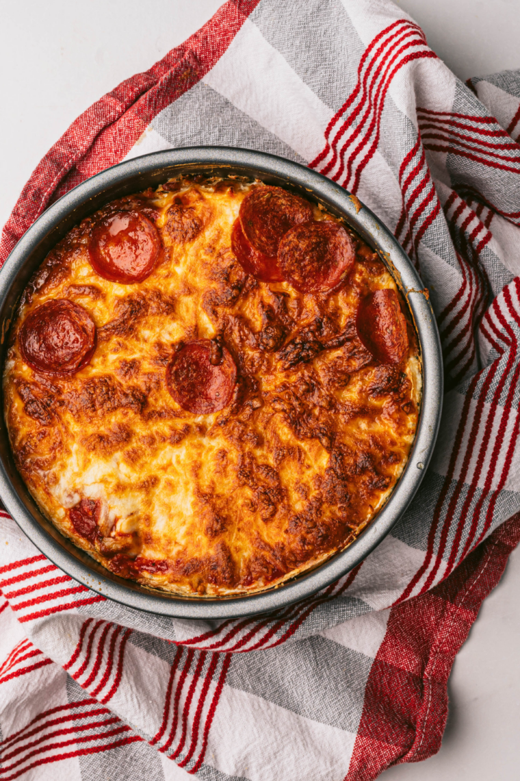 Air fryer bubble-up pizza bake with melted cheese and pepperoni