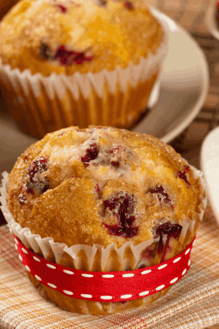 Air fryer cranberry muffins with golden tops and fresh cranberries