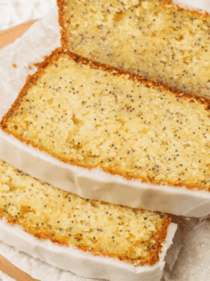 Easy air fryer lemon poppy seed bread loaf with bright citrus glaze.