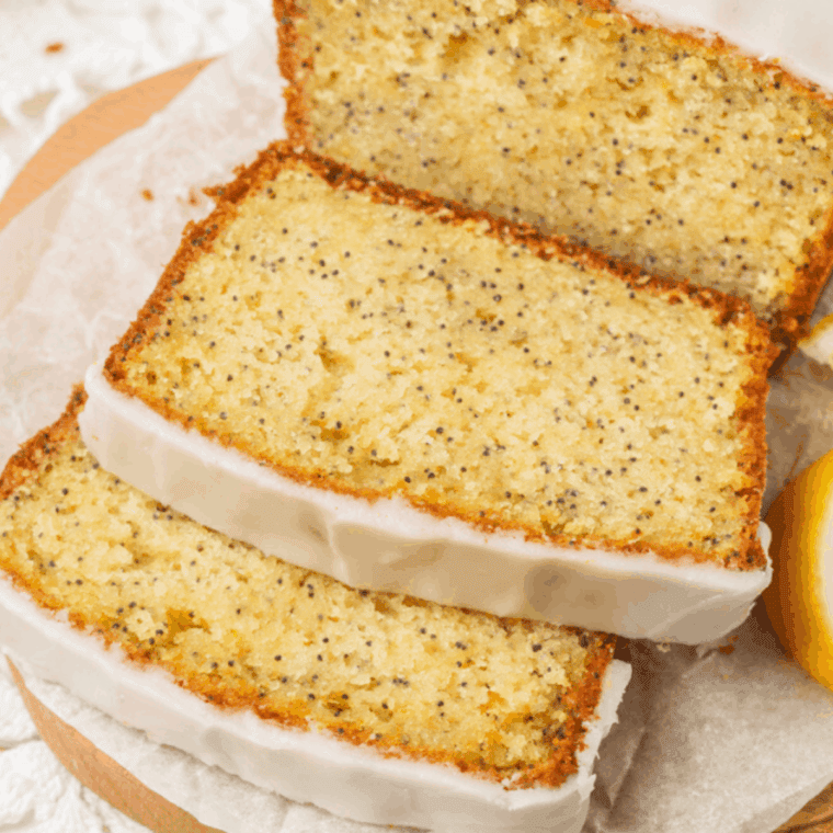 Easy air fryer lemon poppy seed bread loaf with bright citrus glaze.