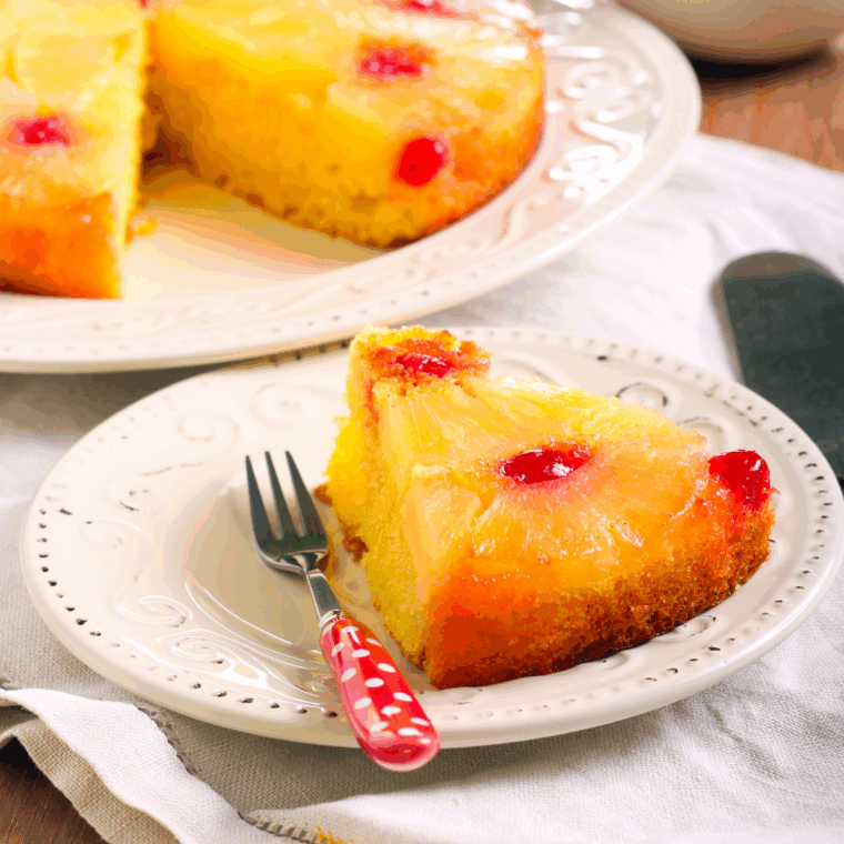 Air Fryer Pineapple Upside Down Cake with golden caramelized pineapple and maraschino cherries