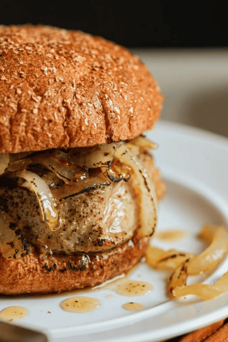 Finished air fryer Chicago-style pork chop sandwich ready to serve