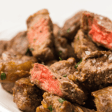 Tender bourbon marinated steak tips cooked until juicy and caramelized