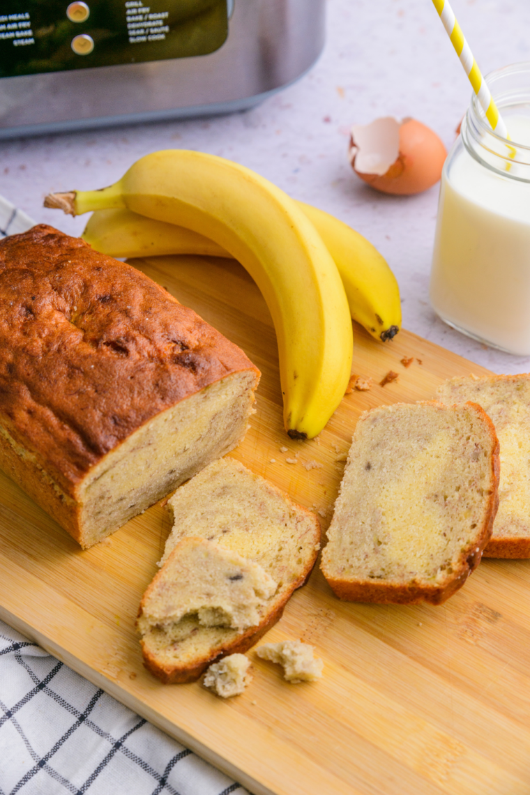 Moist slices of Ninja Crispi banana bread showing a tender crumb and browned crust