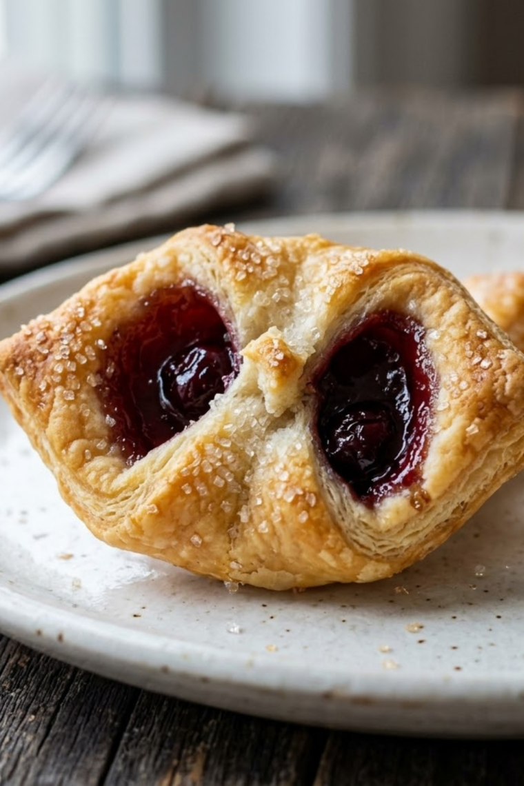 Air fryer cherry pastry made with crescent rolls filled with cherry pie filling and baked until golden brown