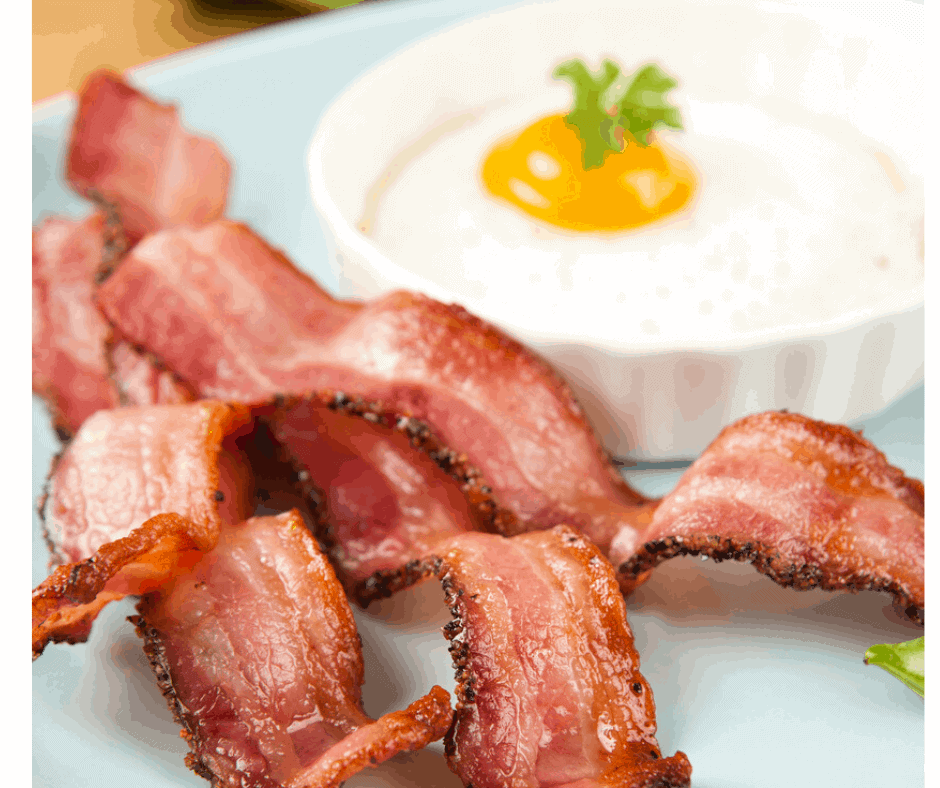 Air Fryer Turkey Bacon on Plate with Air Fryer Baked Egg #airfryer #airfryerbreakfast