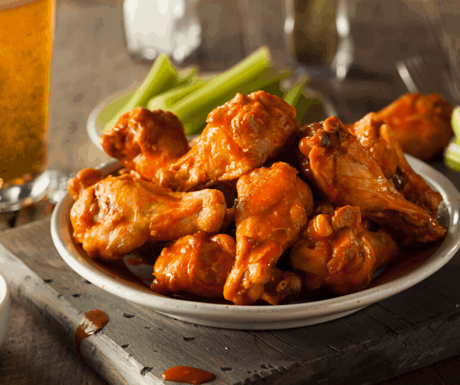 Buffalo wings on a white plate with celery and beer in the background. 