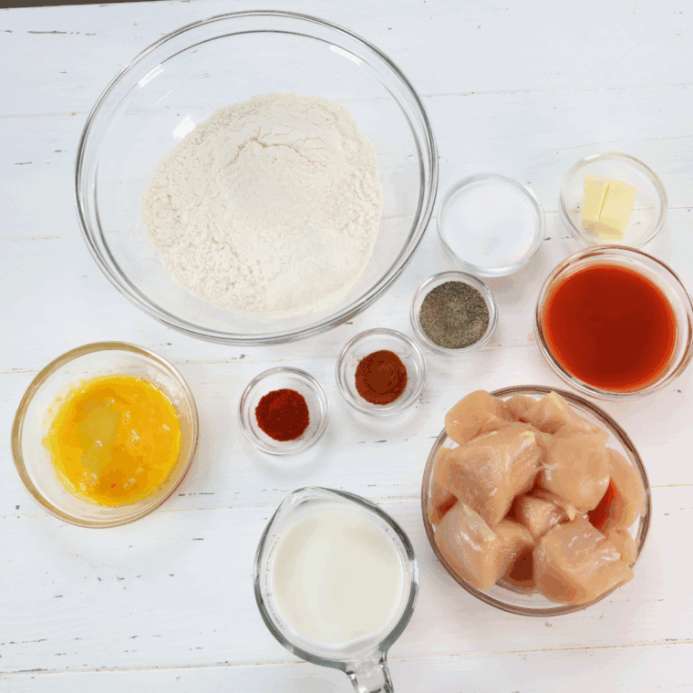 Texas Roadhouse Boneless Buffalo Wings Recipe ingredients needed on kitchen table.