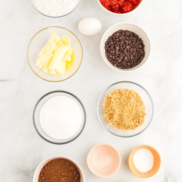 Ingredients needed for Air Fryer Double Chocolate Chip Cookies on kitchen table.