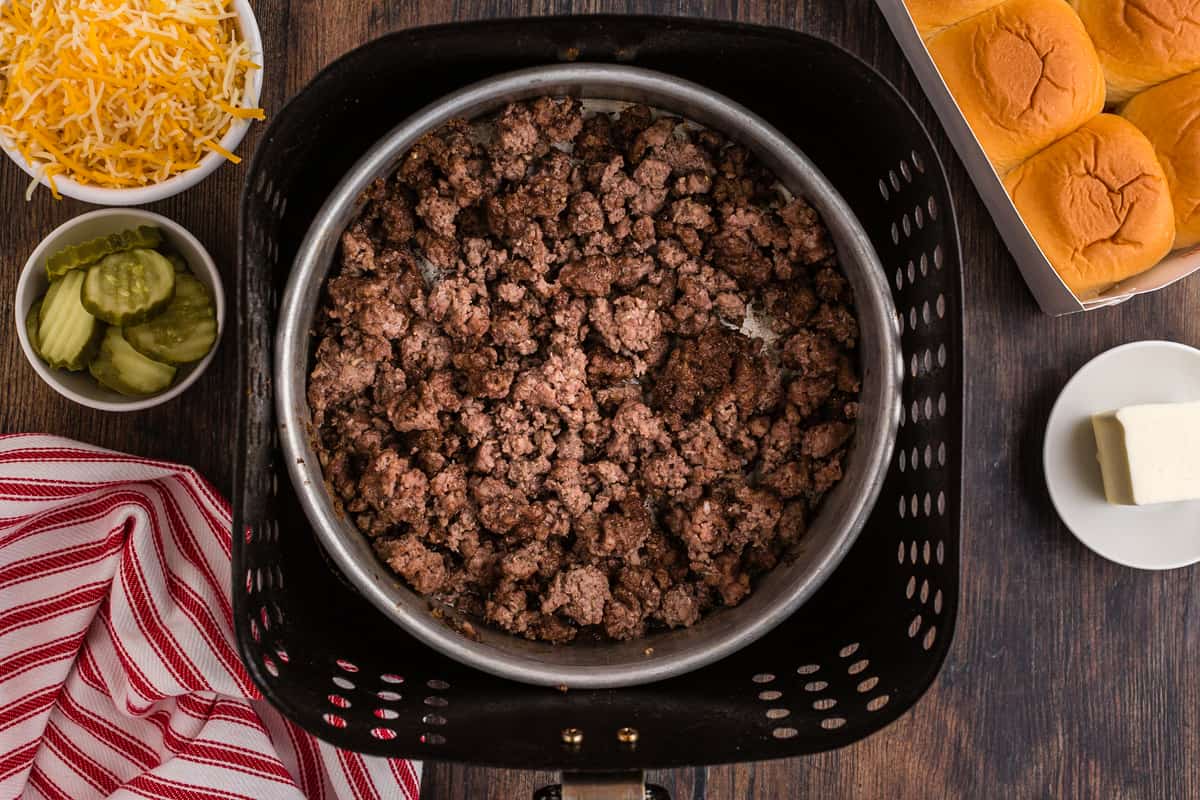 Browned Ground Meat in Air Fryer Basket