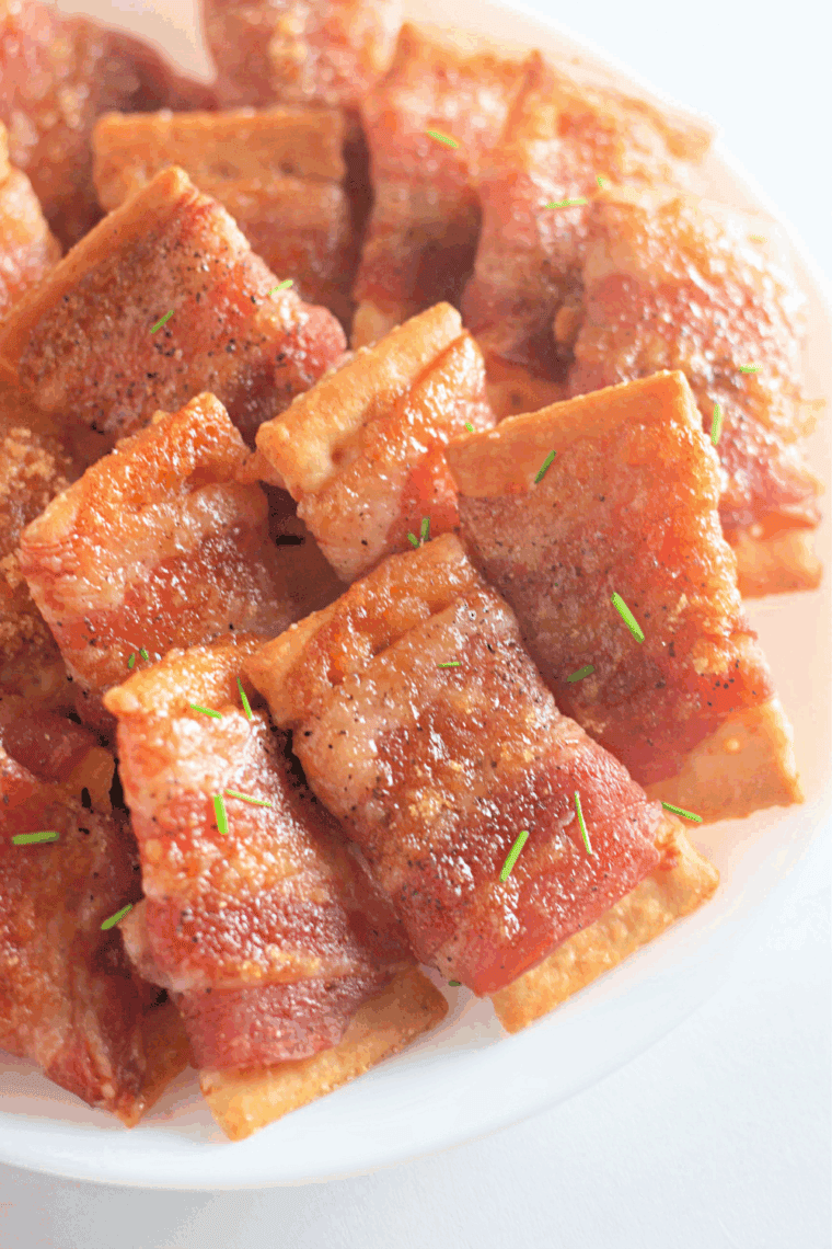 Air Fryer Bacon Wrapped Crackers fresh out of the air fryer, crispy and golden brown.
