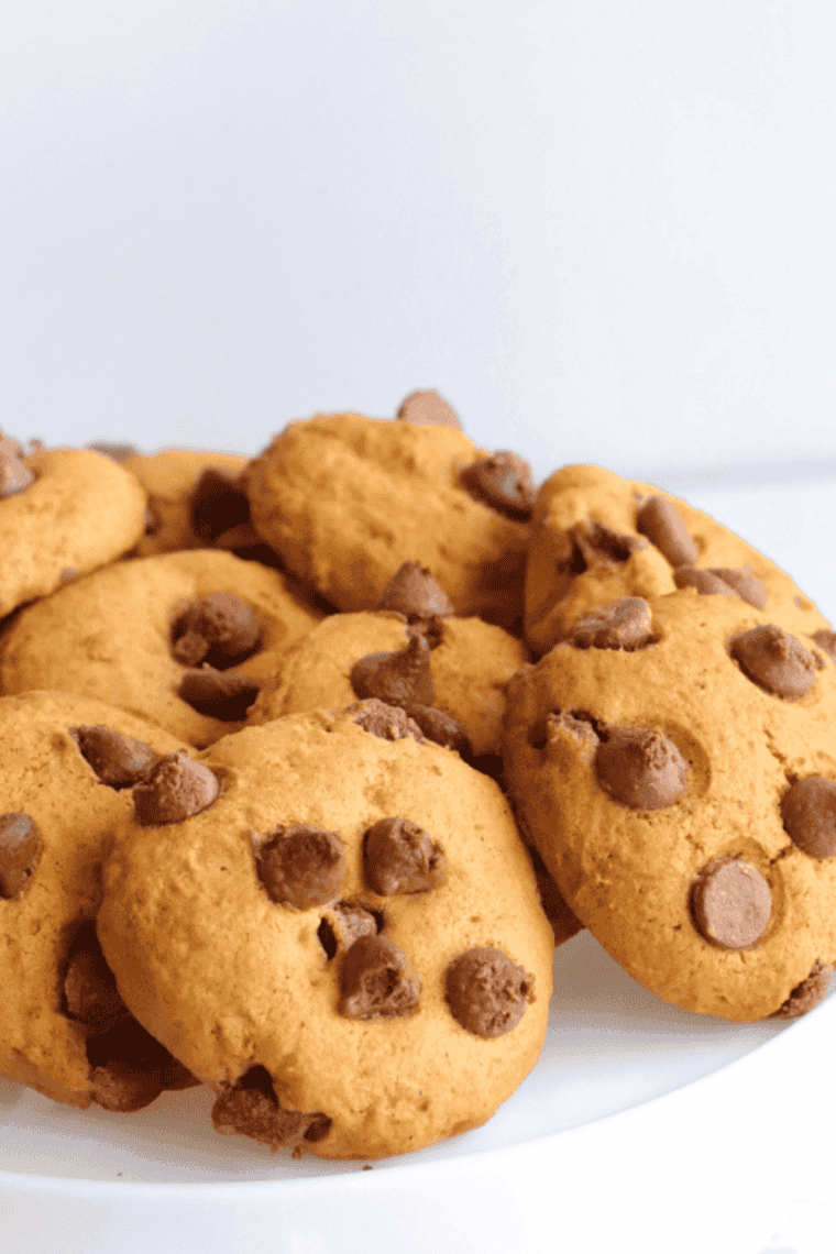 Plate of soft, chewy peanut butter chocolate chip cookies fresh from the air fryer.