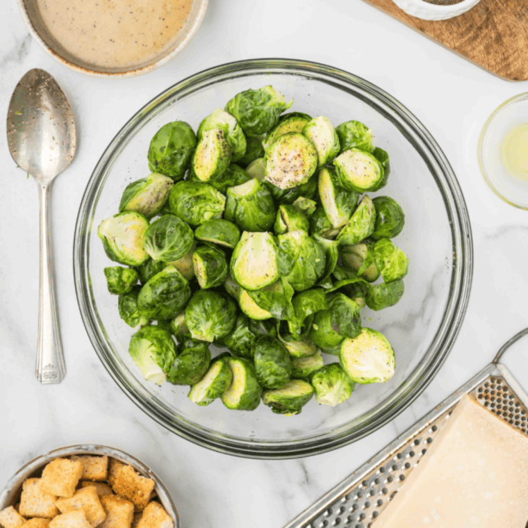 Ingredients needed for Longhorn Steakhouse Crispy Brussels Sprouts Recipe on kitchen table.