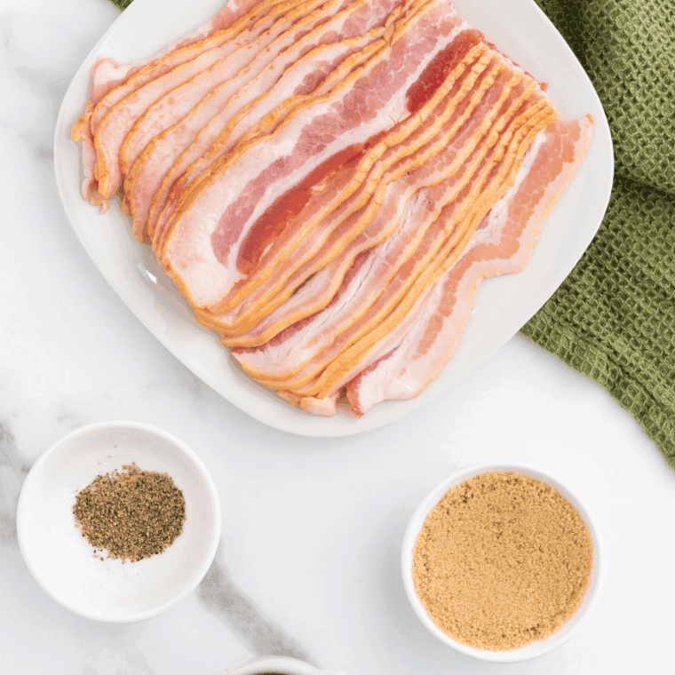 Ingredients need for Air Fryer Bourbon Candied Bacon on the kitchen table.