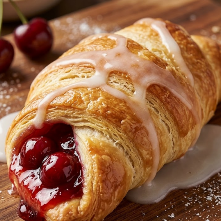 Close up of air fryer cherry crescent rolls with sugar glaze and cherry filling