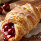 Golden air fryer cherry crescent rolls with cherry filling oozing from flaky pastry on a white plate