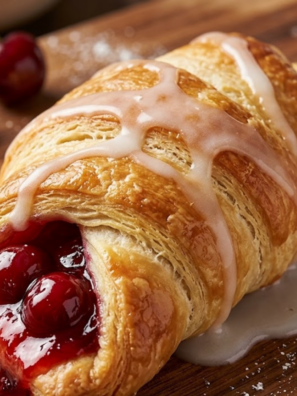 Golden air fryer cherry crescent rolls with cherry filling oozing from flaky pastry on a white plate
