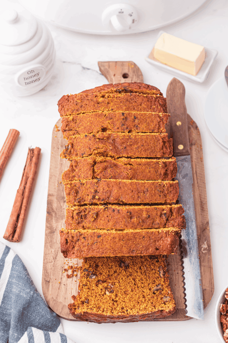 Freshly baked Bob Evans style pumpkin bread loaf with golden crust and spiced aroma.
