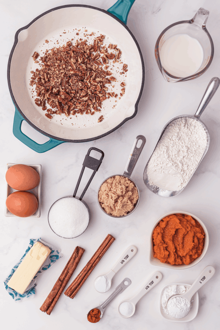 Ingredients needed for Bob Evans Pumpkin Bread Recipe on kitchen table.