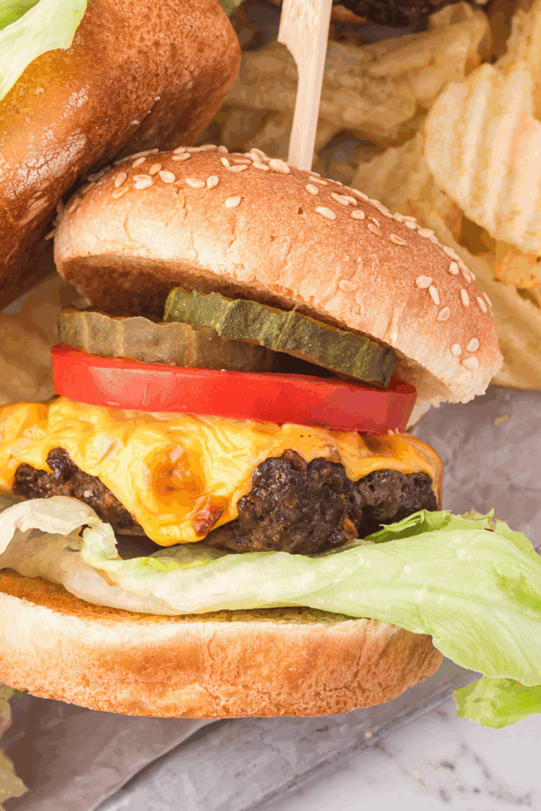 Close-up of juicy A&W Buddy Burger copycat served with fries.