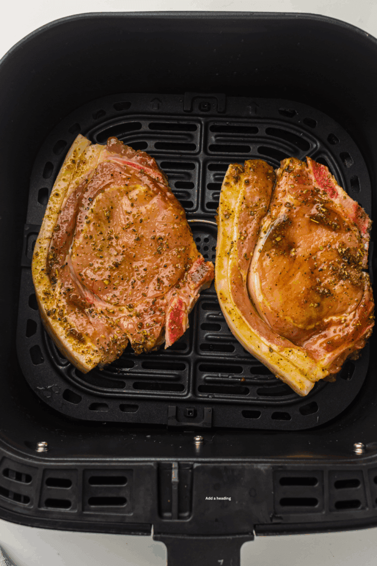 Place seasoned pork chops in a single layer in the air fryer basket, ready to cook.