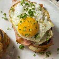 Air Fryer Croque Madame Open Faced Sandwich With Fried Eggs