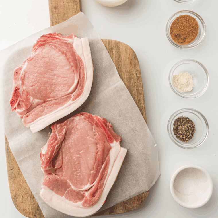 Ingredients needed for TGI Fridays Pepper Crusted Pork Chops Recipe on kitchen table.