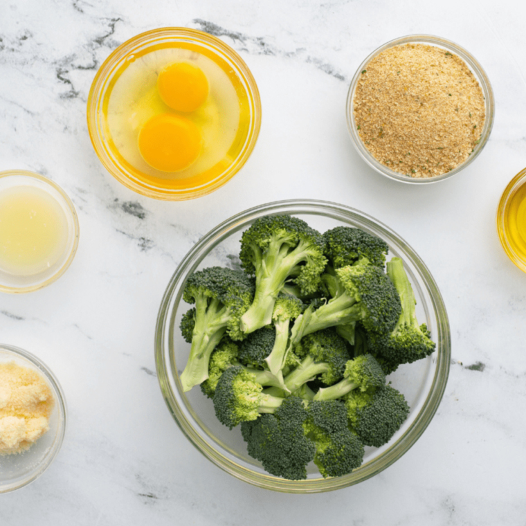 Ingredients for air fryer breaded broccoli arranged on a kitchen table, including fresh broccoli, breadcrumbs, and seasonings.