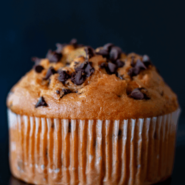 Close-up of a single chocolate chip muffin in a white ramekin, freshly baked in an air fryer with melty chocolate chips on top.