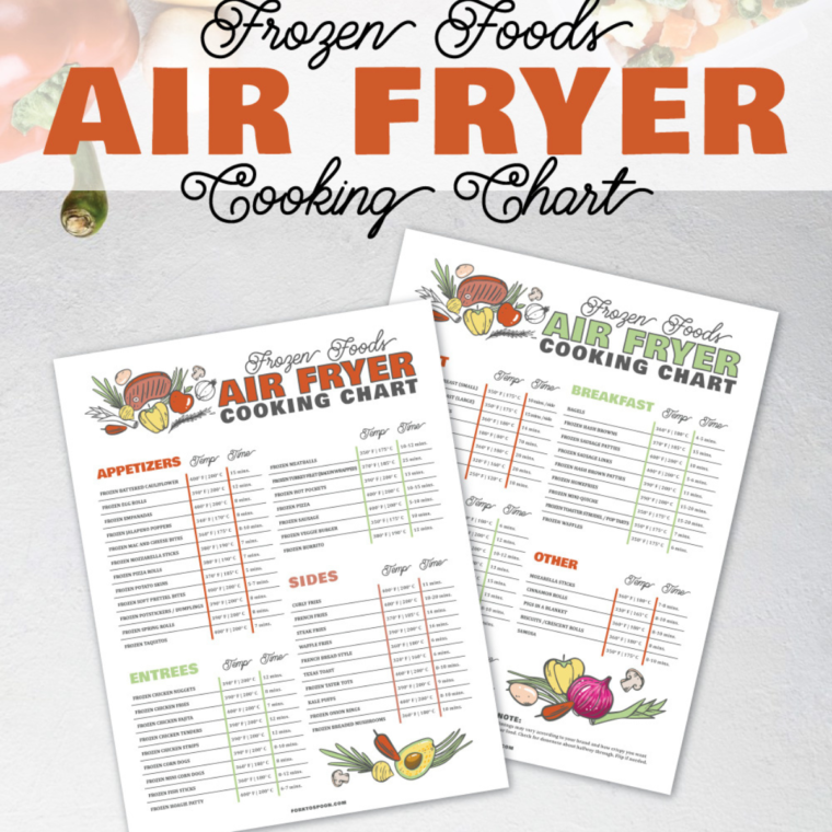 Air Fryer Frozen Food Cooking Chart showing cooking times and temperatures for various frozen foods.