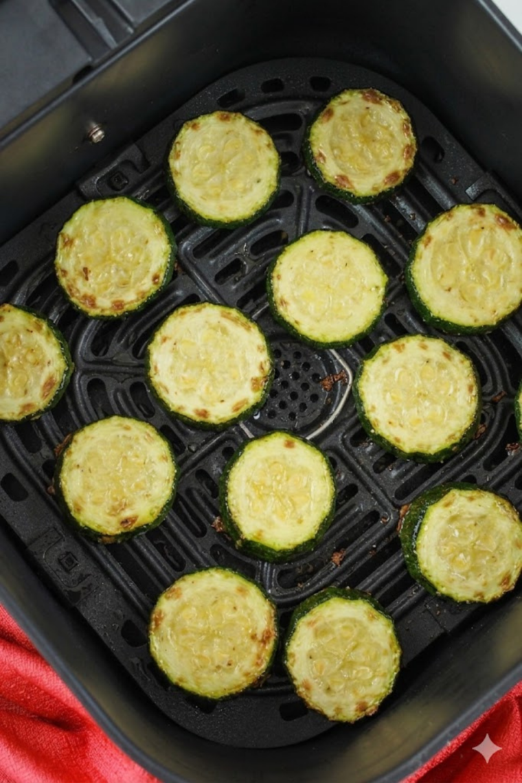 Zucchini slices air frying in basket until golden and crispy