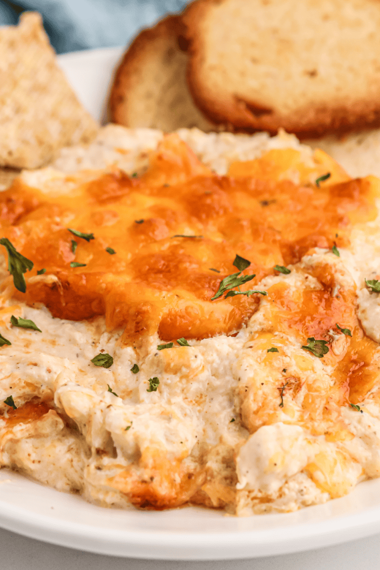Hot, creamy air fryer crab dip made with lump crab meat, cream cheese, and melted cheese served bubbly in a dish with crackers for dipping.