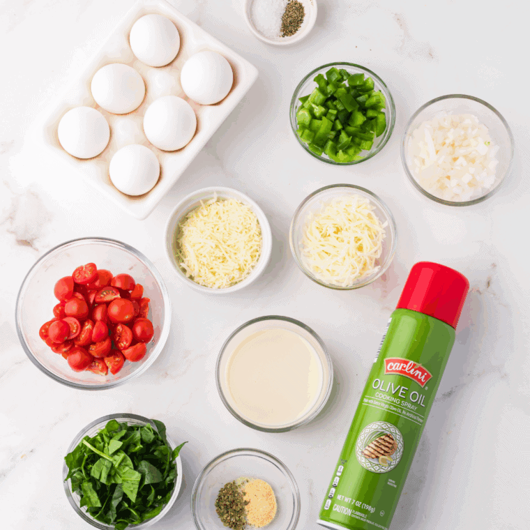 Ingredients needed for First Watch&rsquo;s Frittata Rustica Recipe on kitchen table.