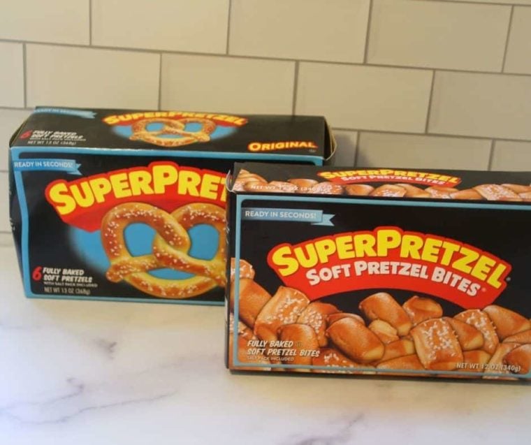 two boxes of frozen pretzels on a kitchen counter