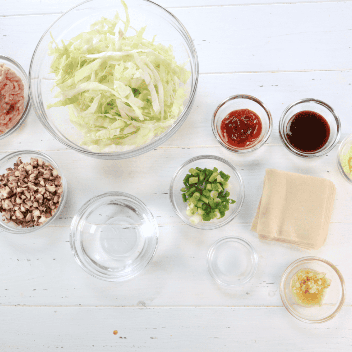 Ingredients needed for PF Chang's Pork Dumplings Recipe on kitchen table.