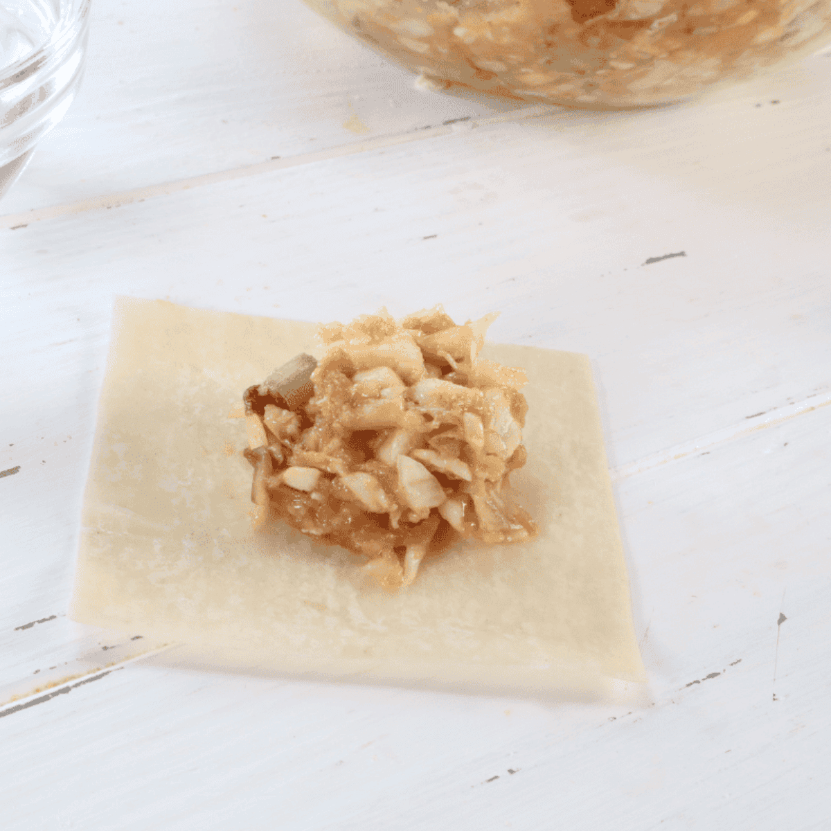 adding filling to wonton wrapper