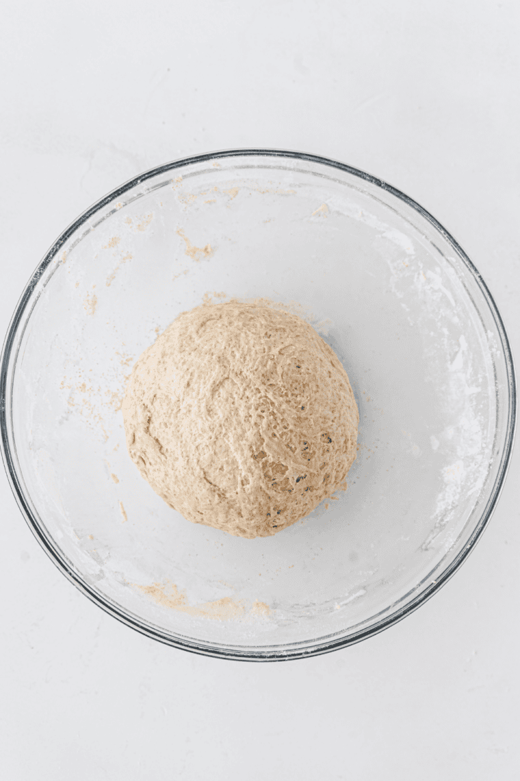 Letting dough rise until doubled – Covered bowl of dough resting and rising on the counter until puffy and doubled in size.